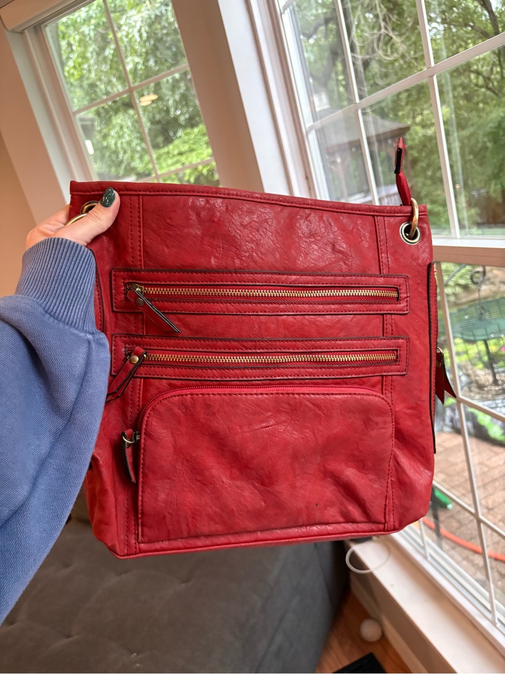 Bueno Red Faux-Leather Crossbody Bag with Front Zip Pockets